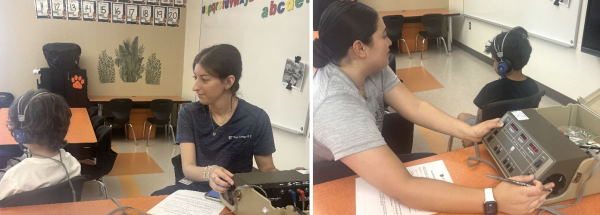 Emily Gagric (L) and Airin Lara conduct hearing screenings for the Success by Six, a six-week summer bridge program for children entering Kindergarten in 12 local school districts.